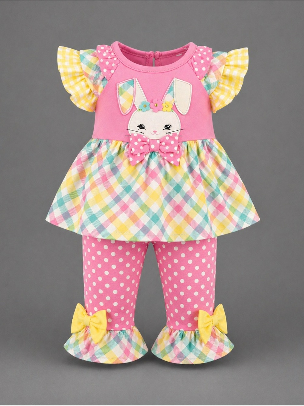 Rare Editions Pink Polka Collar Baby Dress with Bunny Motif 6m